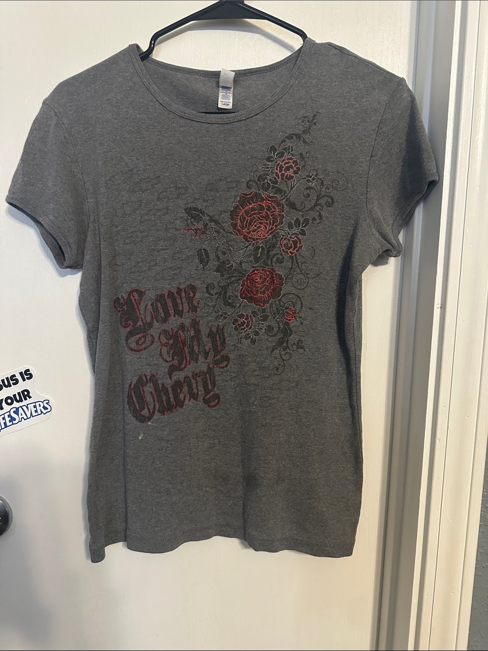 Women’s Gray Graphic Tee with Red Floral Detail